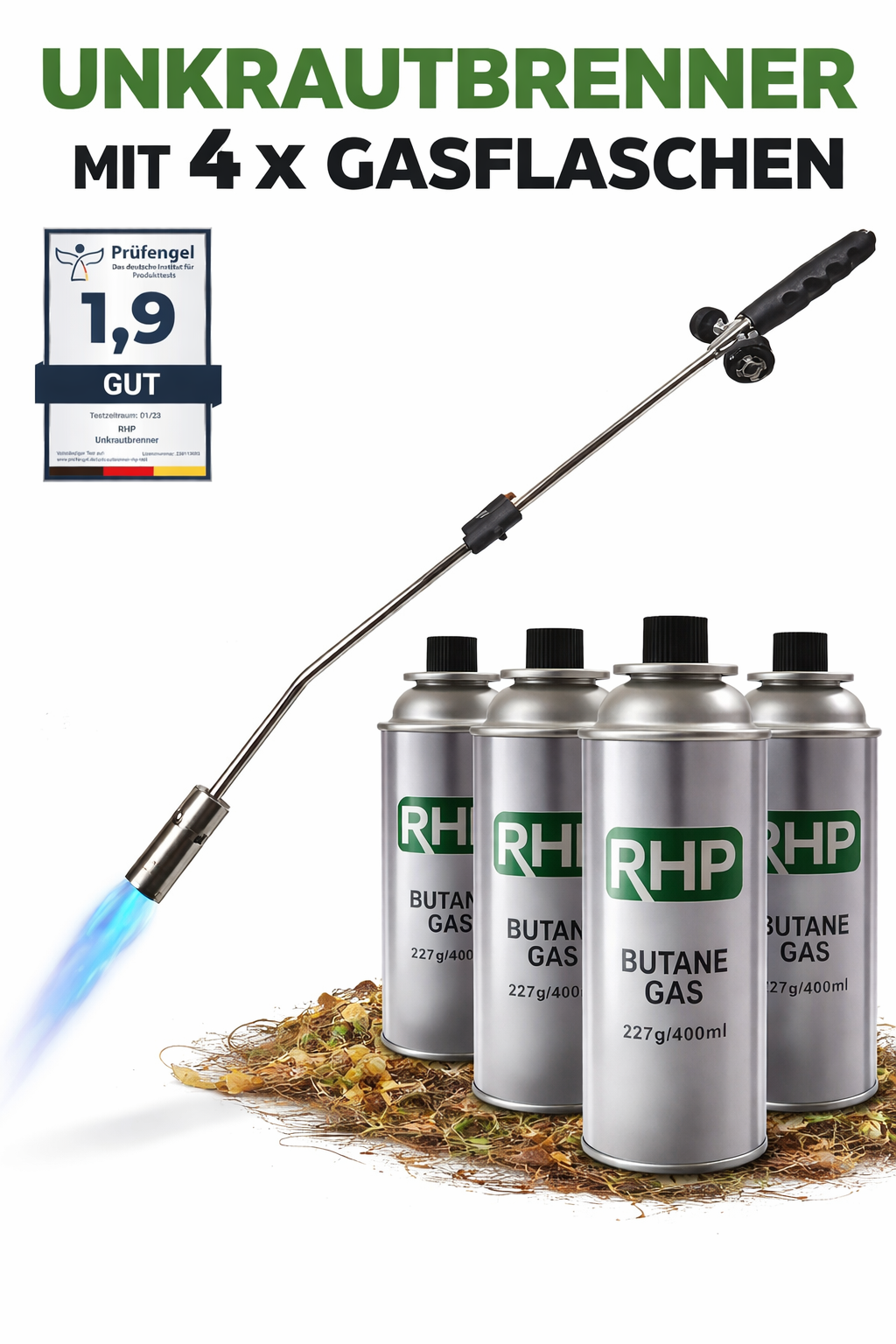 Unkrautvernichter 80cm, inkl 4 Butangaskartuschen je 227g, Gasbrenner mit Piezozündung, Abflammgerät max 1000 °C, Brenner Flamme regulierbar, Grillanzünder
