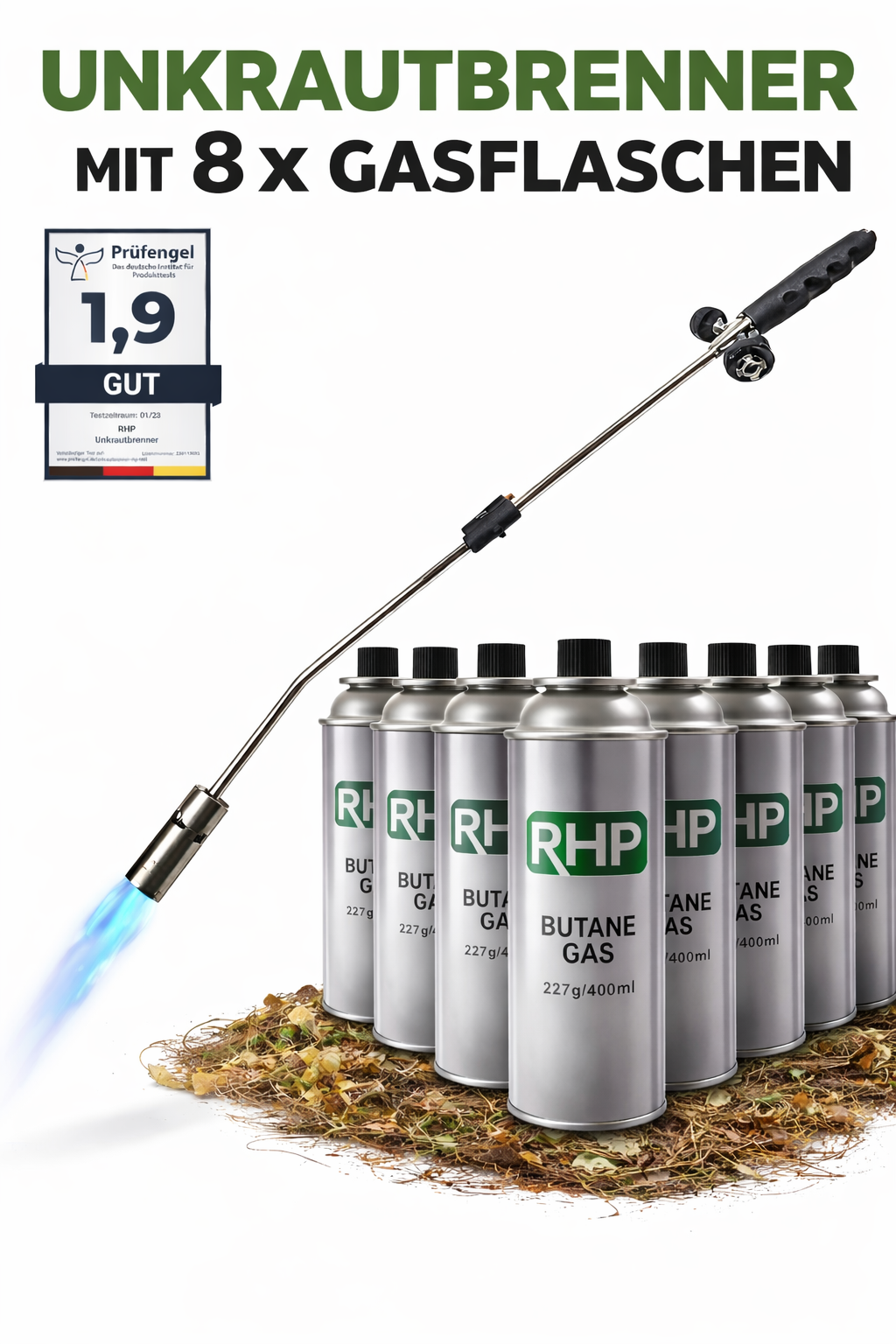 Unkrautvernichter 80cm, inkl 8 Butangaskartuschen je 227g, Gasbrenner mit Piezozündung, Abflammgerät max 1000 °C, Brenner Flamme regulierbar, Grillanzünder
