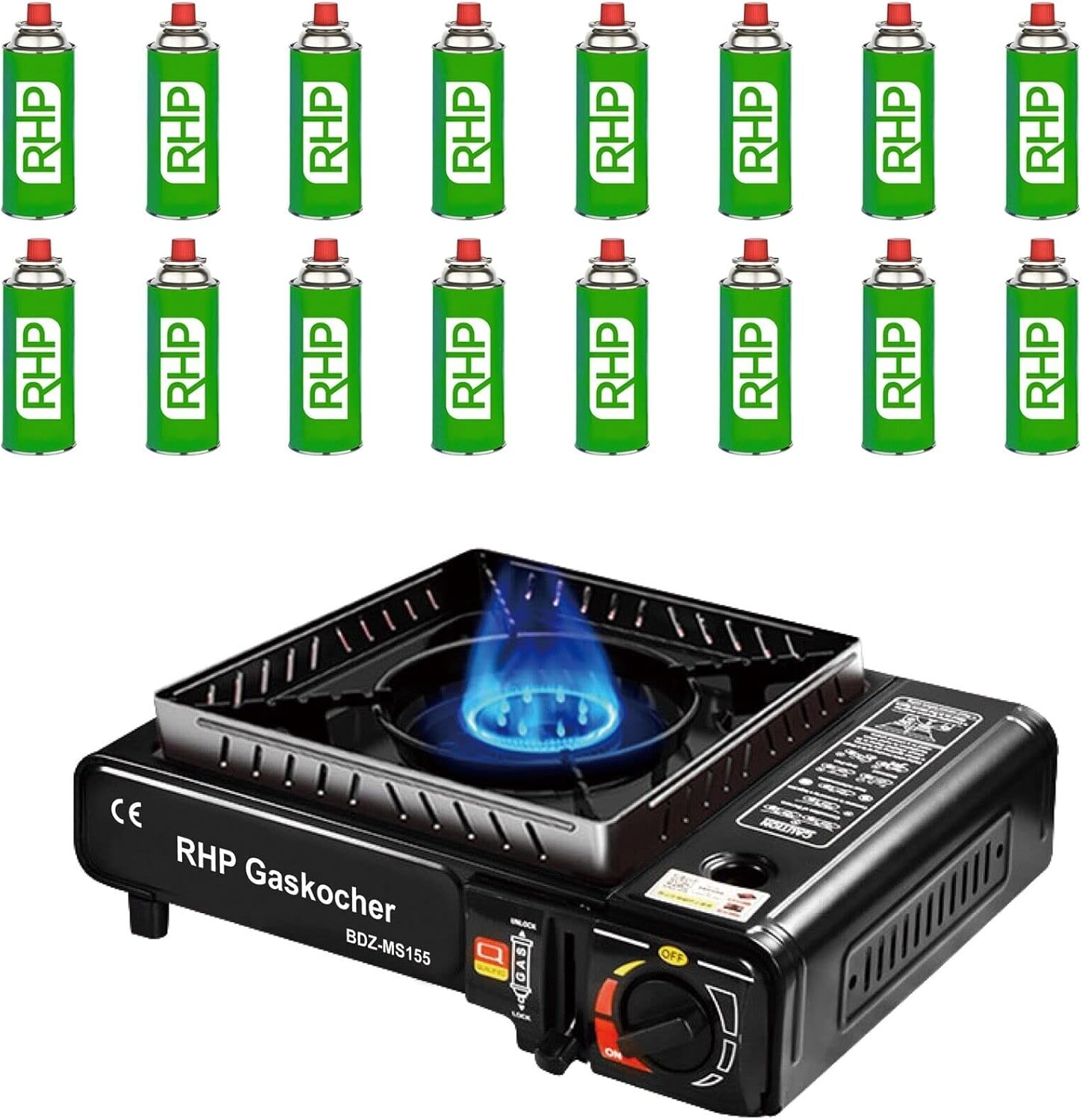 Outdoor Gaskocher Campingkocher I Gasherd Kochfeld mit 16 Bajonett Gaskartuschen – für Camping Reisen Urlaub Wandern Picknick Garten – mit praktischem Koffer - bis zu 30% weniger Gasverbrauch