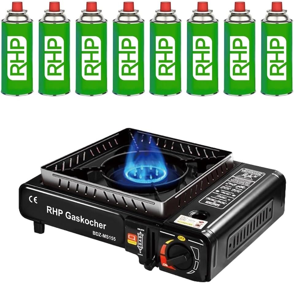 Outdoor Gaskocher Campingkocher I Gasherd Kochfeld mit 8 Bajonett Gaskartuschen – für Camping Reisen Urlaub Wandern Picknick Garten – mit praktischem Koffer - bis zu 30% weniger Gasverbrauch