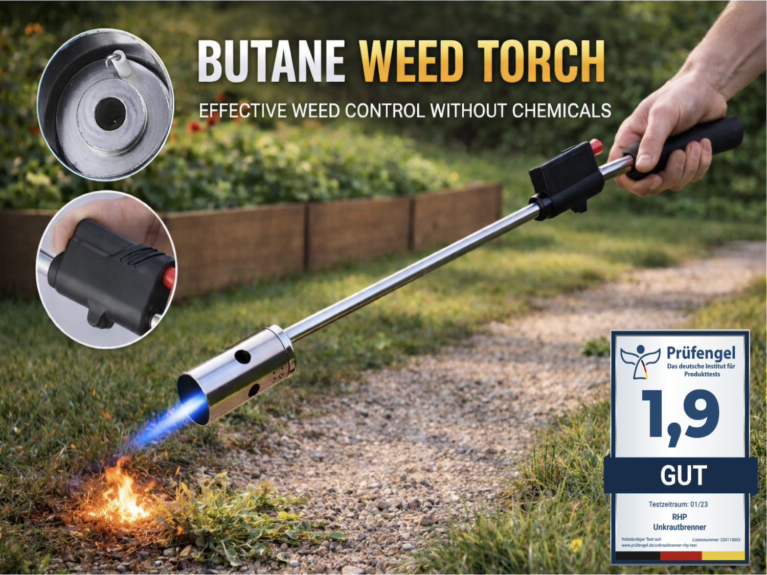 Unkrautvernichter 80cm, Gasbrenner mit Piezozündung, Abflammgerät max 1000 °C, Brenner Flamme regulierbar, ideal als Grillanzünder (Nur Unkrautbrenner)