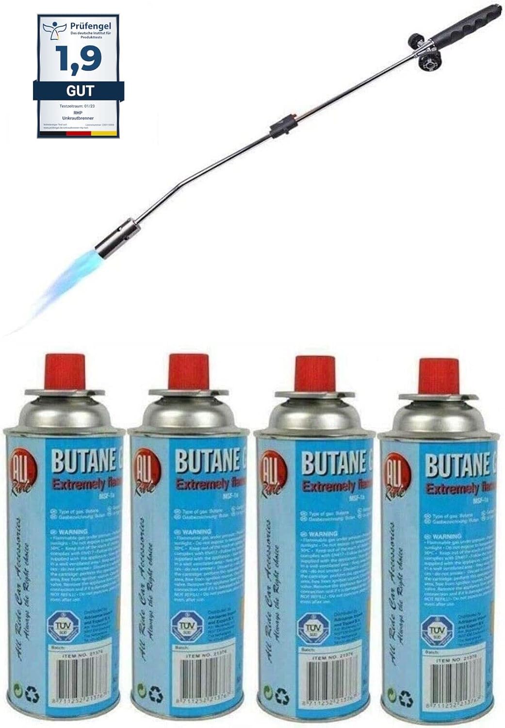 Unkrautvernichter 80cm, inkl 4 Butangaskartuschen je 227g, Gasbrenner mit Piezozündung, Abflammgerät max 1000 °C, Brenner Flamme regulierbar, Grillanzünder