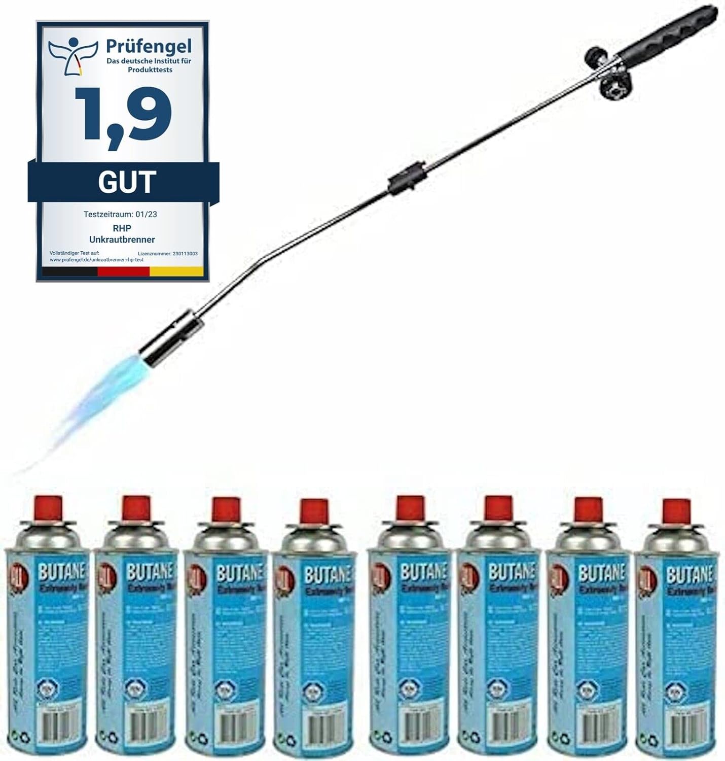 Unkrautvernichter 80cm, inkl 8 Butangaskartuschen je 227g, Gasbrenner mit Piezozündung, Abflammgerät max 1000 °C, Brenner Flamme regulierbar, Grillanzünder