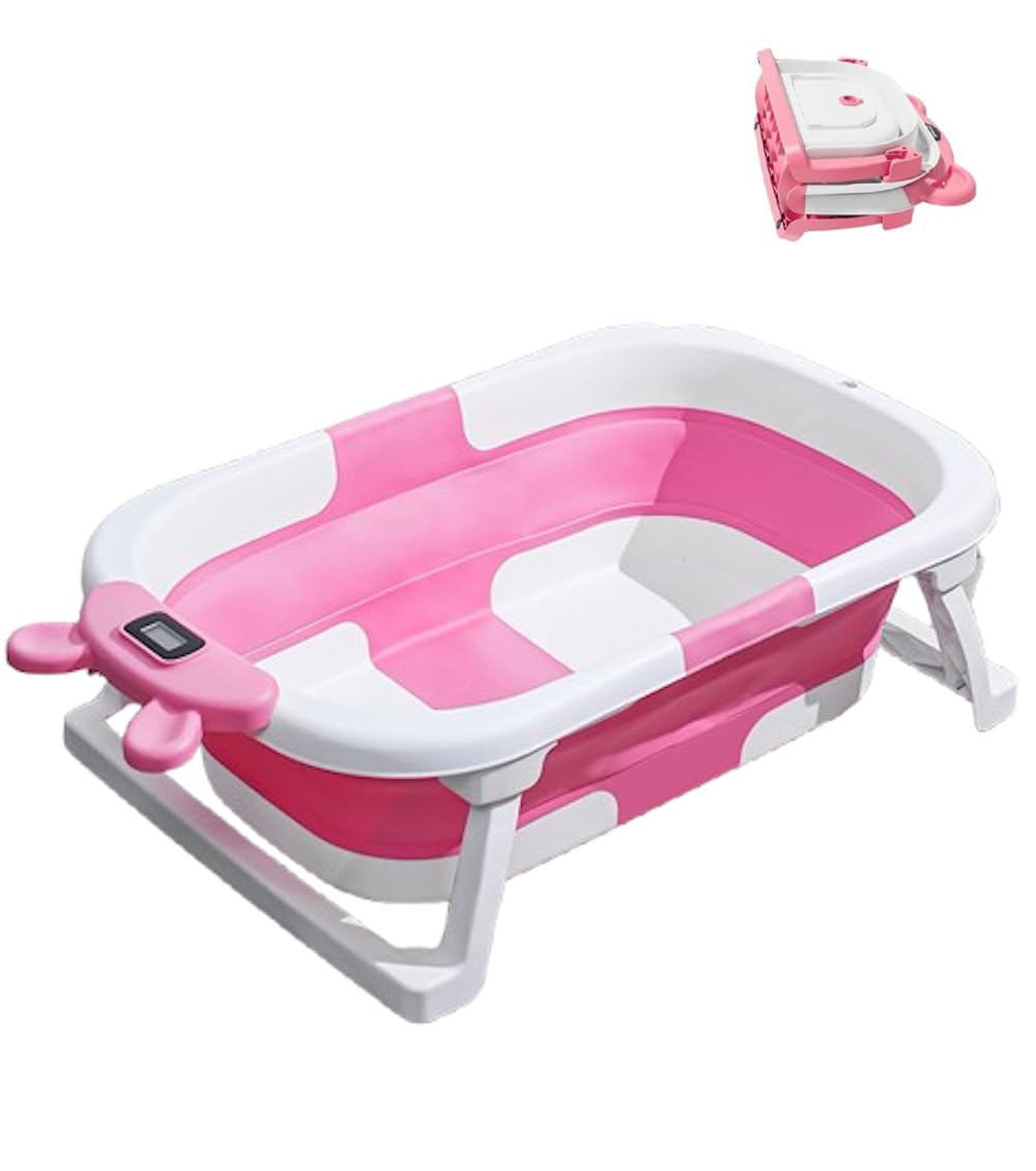 Faltbare Baby-Badewanne mit Echtzeit-Temperaturanzeige, Schwimmkissen & Abfluss, tragbare Reise-Badewanne für Neugeborene & Kleinkinder (0–36 Monate), platzsparende (Rosa ohne Kissen)