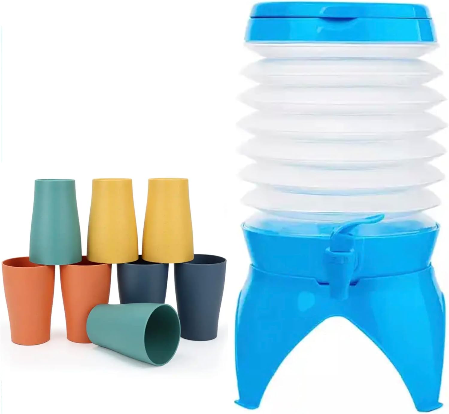 Faltbarer Getränkespender 9,5L mit 8 Becher: Kompakter Wasserspender mit Auslaufhahn und Ständer für Camping und Kochgeschirr. Praktisch für Limonaden, Säfte und Schorlen. Platzsparend und tragbar