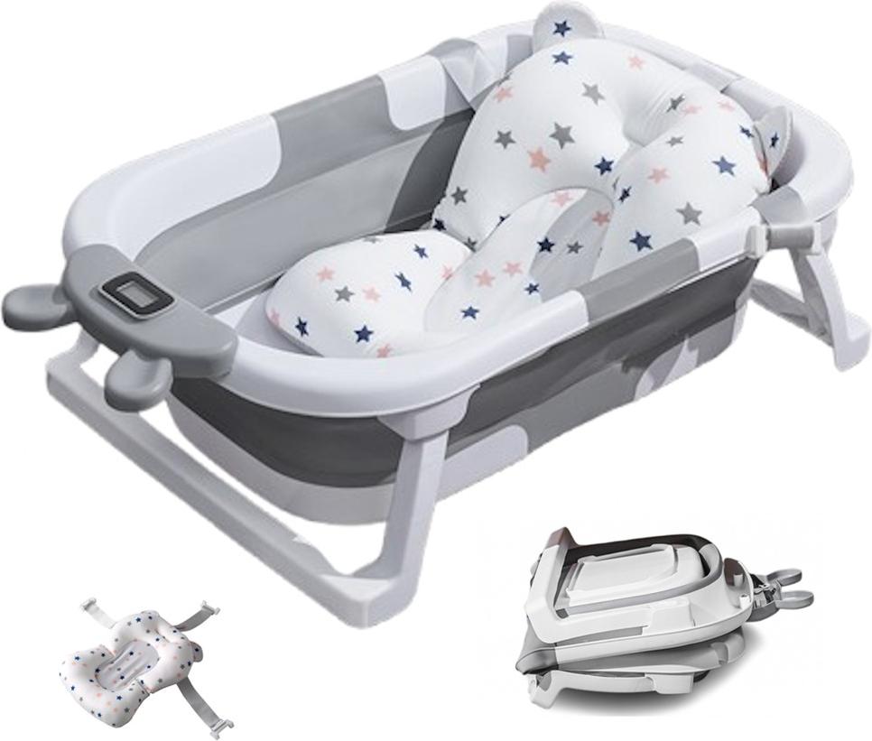 Faltbare Baby-Badewanne mit Echtzeit-Temperaturanzeige, Schwimmkissen & Abfluss, tragbare Reise-Badewanne für Neugeborene & Kleinkinder (0–36 Monate), platzsparende (Grau mit Rutschfeste Kissen)