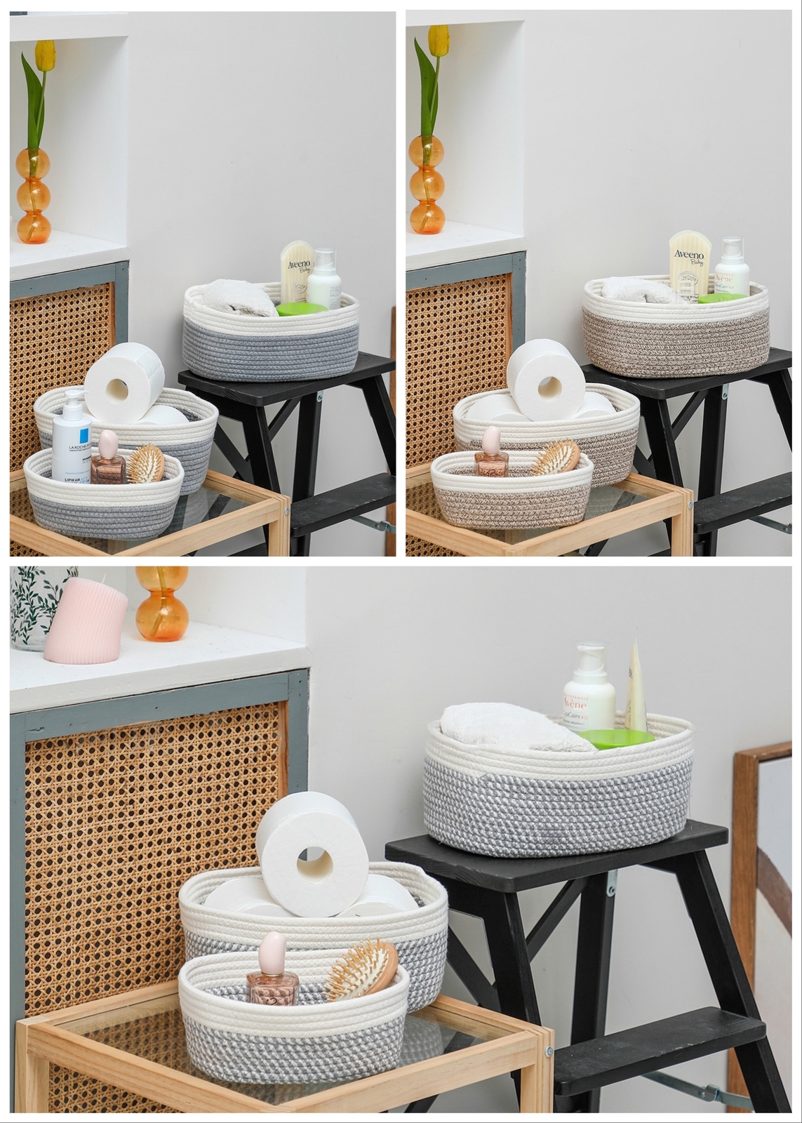 3-teiliges Aufbewahrungskorb-Set I Aufbewahrungsbox Organizer Kiste Box Korb Aufbewahrung Dekobox Dekokorb Dekoration – geflochtene Rattan-Optik – für Badezimmer Wohnzimmer Kinderzimmer