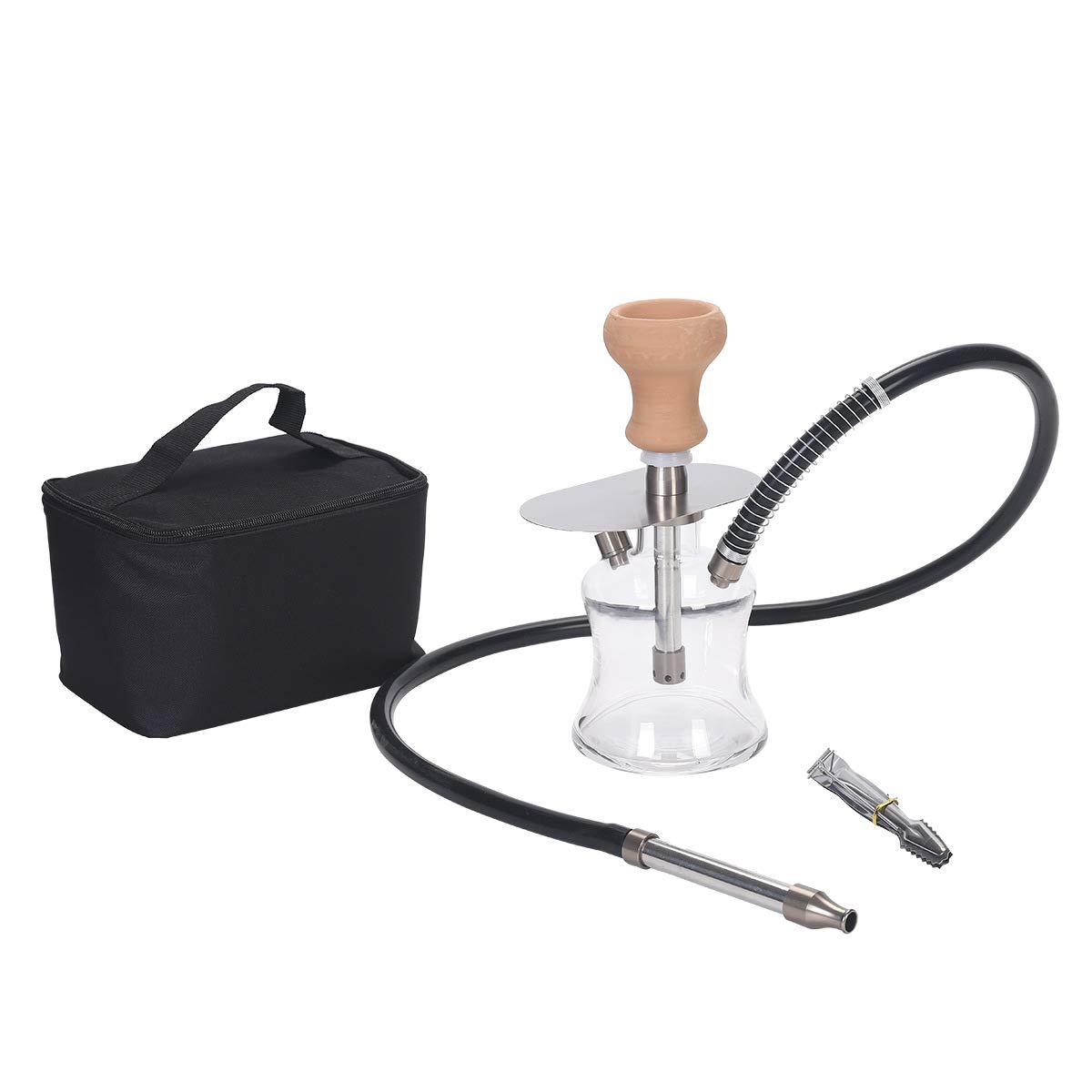 Shisha Set Klein Mini Shisha To Go mit Tasche & Shisha Zubehör (Shisha Kopf + Silikonschlauch inkl. Spiralfeder + Mundstück) Edelstahl Tauchrohr Diffusor & Glas Shisha Kleine Bowl - Reise Shisha