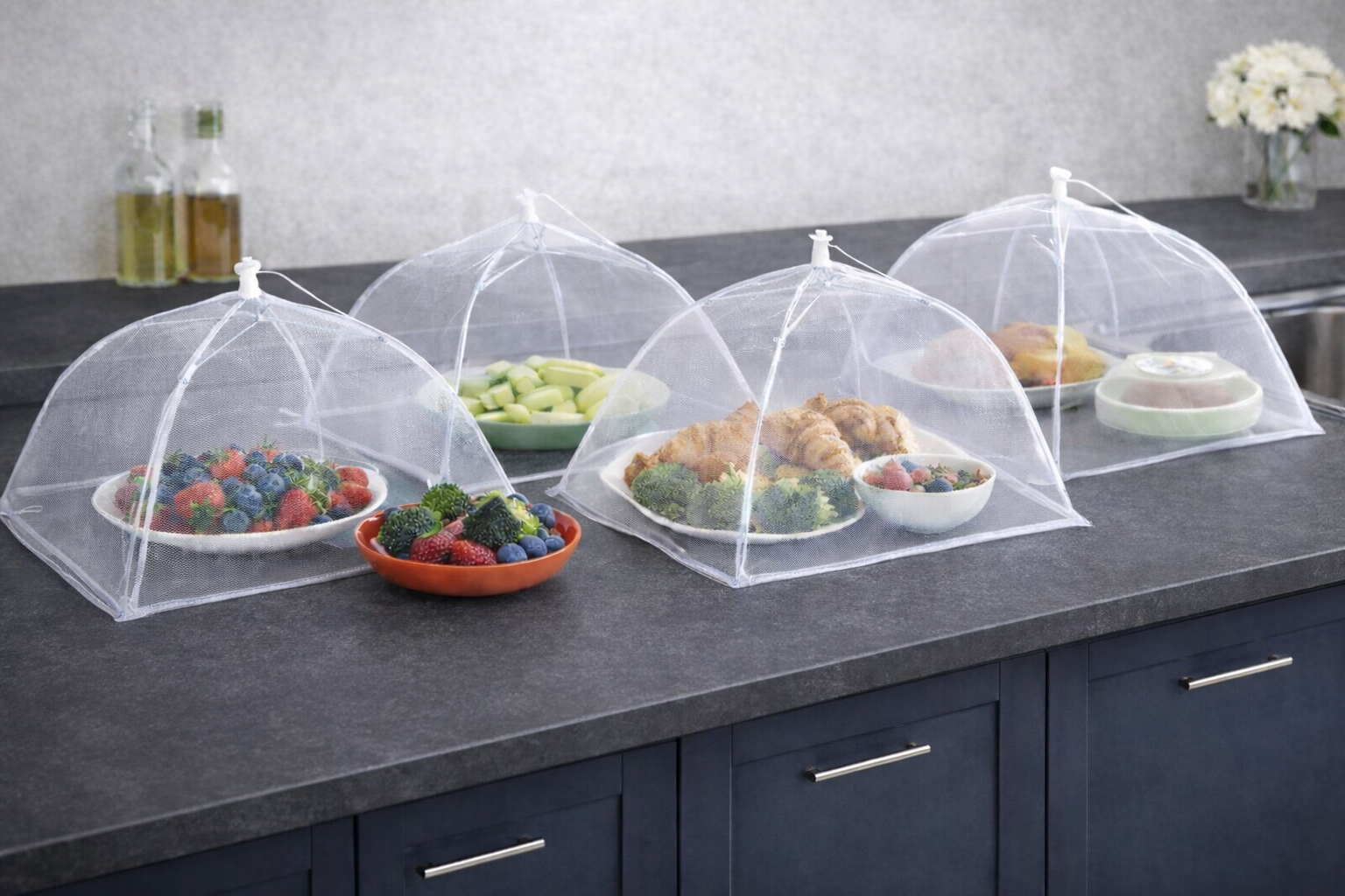 Fliegenhaube XXL 4er Set Abdeckhaube für Essen, Faltbare Kuchenabdeckung Fliegenschirm Lebensmittel Abdeckung, Perfekter Fliegen-Schutz für Essen, Obst, Picknick, BBQ, 45x45x30 cm, Weiß