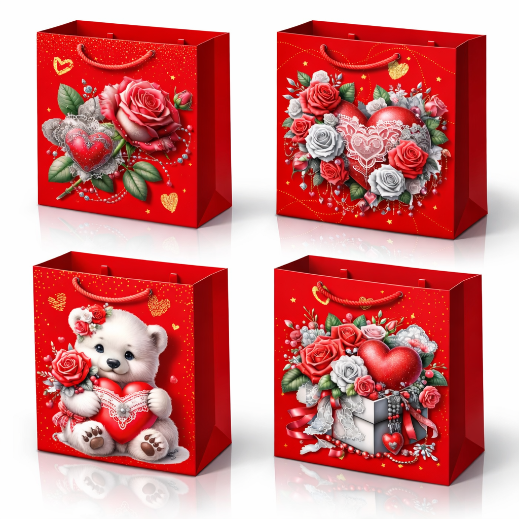 RHP Geschenktüten 12er Pack – Rot mit Rosen & Herz Motiven, stabile Geschenkbeutel mit Kordel, Medium 23x18x10 cm, 3D Design, 4 Motive