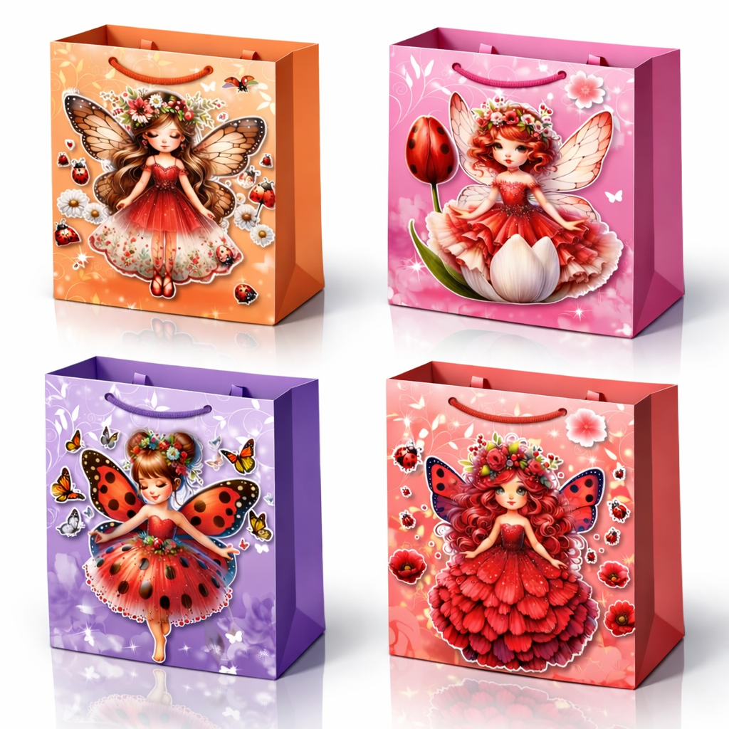 RHP Geschenktüten 12er Pack – Feen & Marienkäfer – 4 Motive – Medium 23x18x10 cm – stabile 3D Geschenkbeutel mit Kordel – für Kindergeburtstag & Party