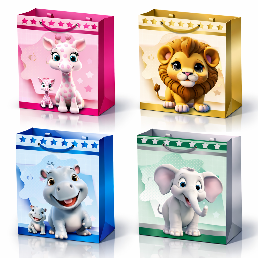 RHP Geschenktüten 12er Pack – Kinder Geschenktaschen mit Tiermotiven – 23x18x10 cm – 4 Designs – stabile Geschenktaschen mit farblich passender Kordel – 3D Optik – Medium