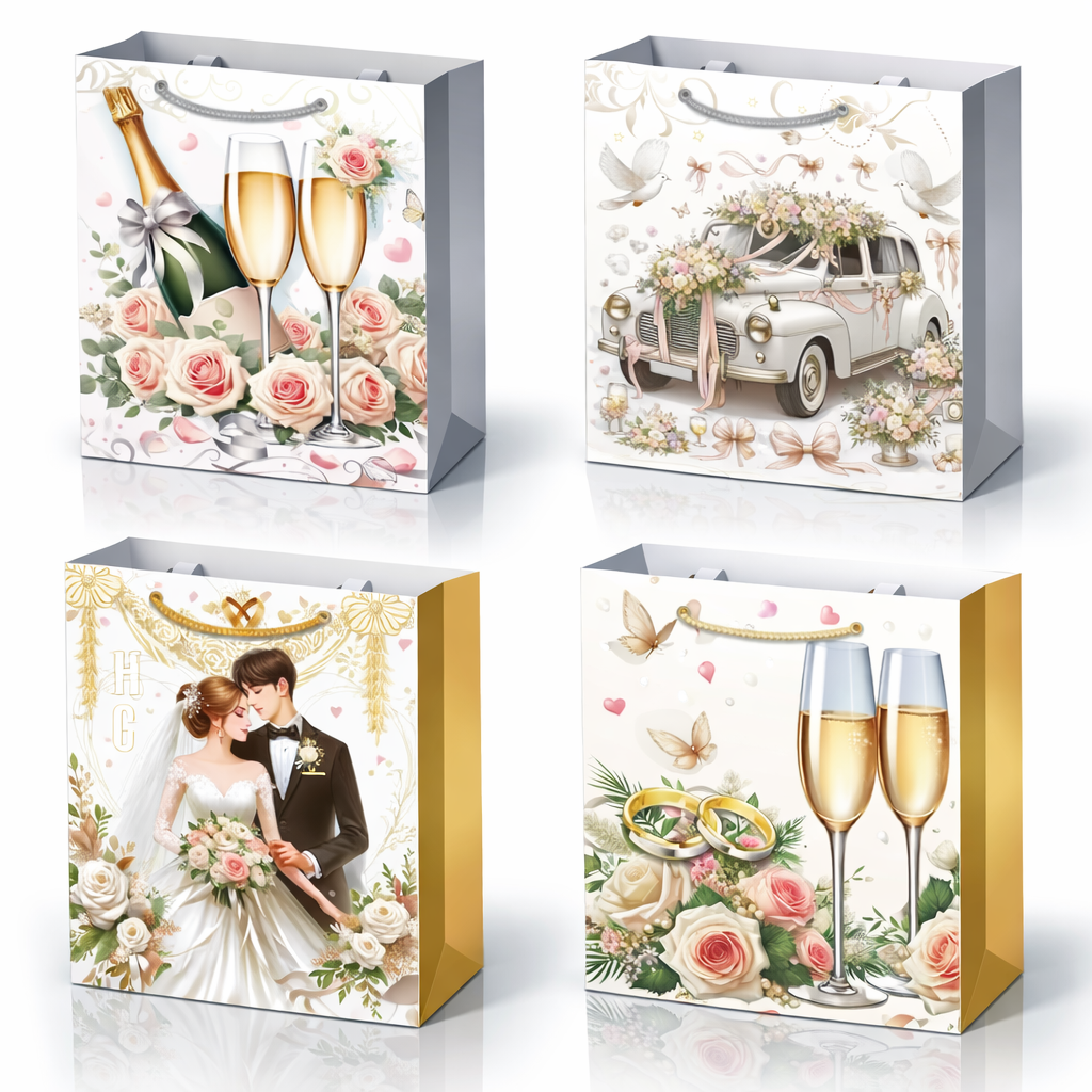RHP Geschenktüten Hochzeit 12er Pack – Geschenktaschen Medium 23×18×10cm – 4 romantische Motive – stabile Kordel in Silber & Gold – perfekte Geschenkverpackung für Hochzeiten & Feiern